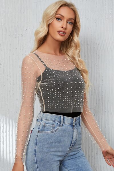 Pearl Long Sleeve Mesh Cropped Top - Create the impossible