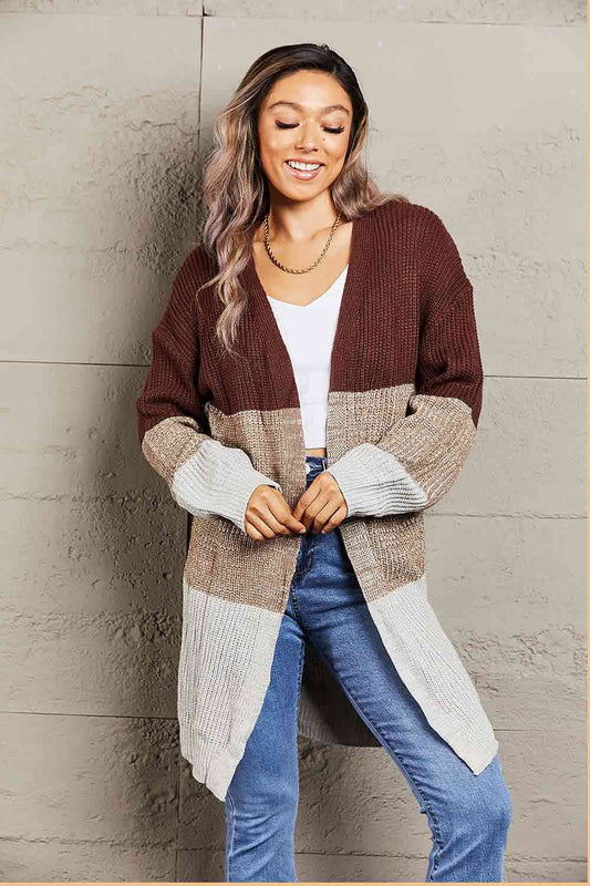 Woven Right Color Block Open Front Rib-Knit Longline Cardigan