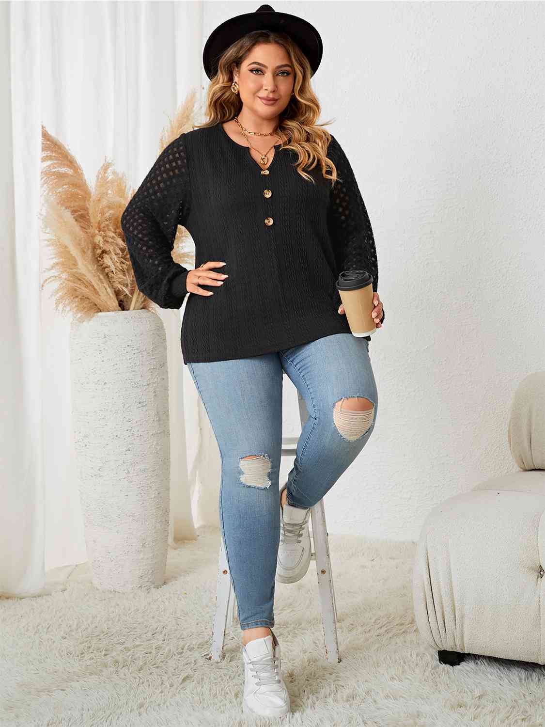 Plus Size Openwork Notched Button Front Blouse