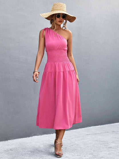 Asymmetrical One Shoulder Smocked Waist Midi Dress