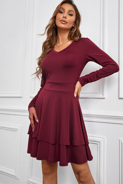 V-Neck Long Sleeve Layered Dress