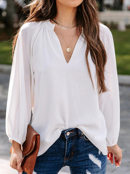 Notched Neck Long Sleeve Blouse - Create the impossible