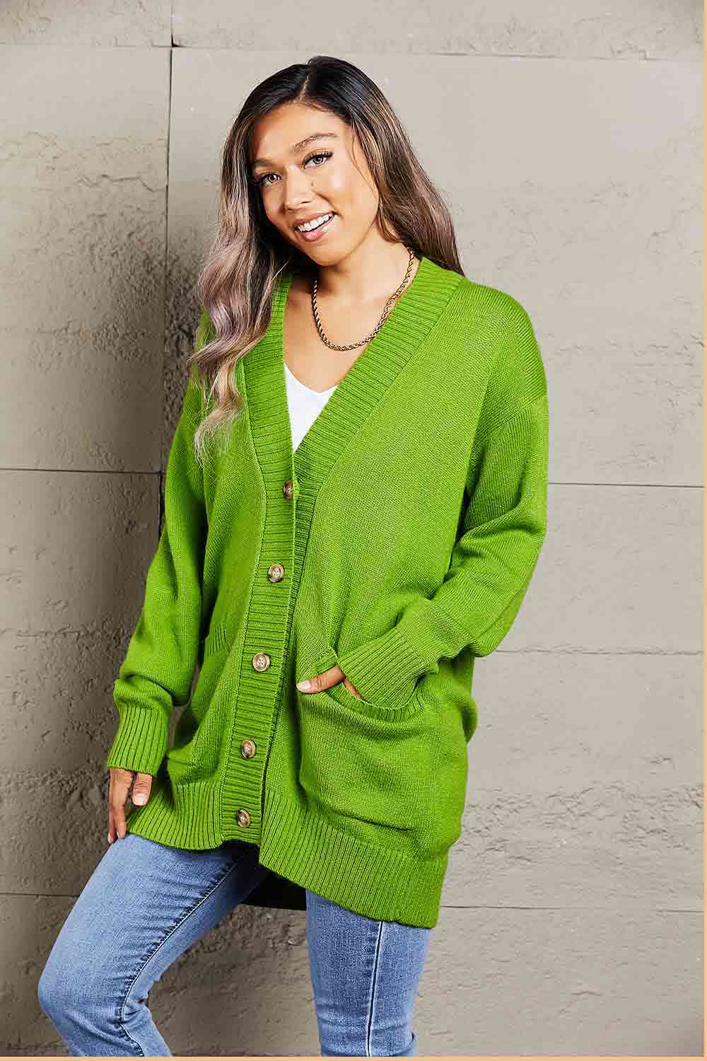 Double Take Ribbed Trim Dropped Shoulder Pocketed Cardigan