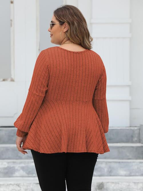 Plus Size Ribbed V-Neck Long Sleeve Blouse - Create the impossible