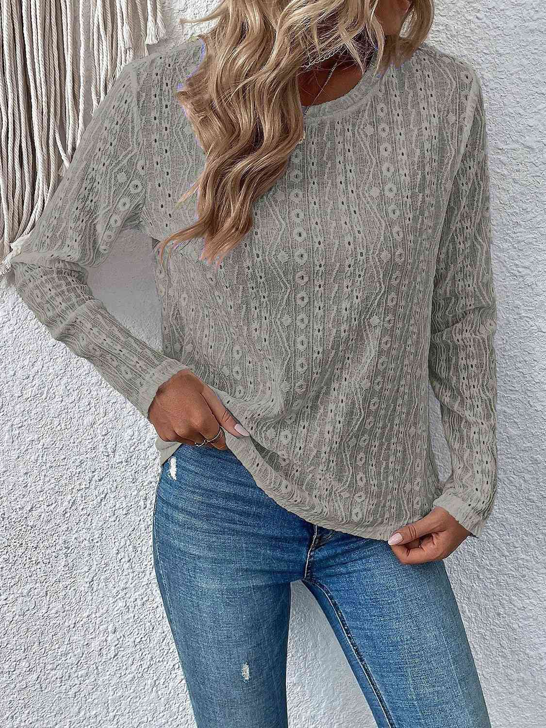 Eyelet Round Neck Long Sleeve Top