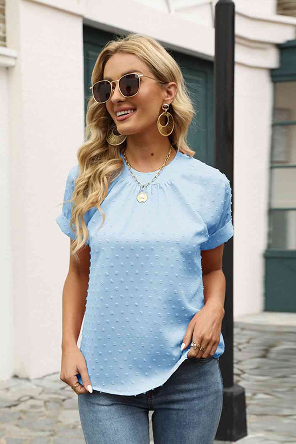 Swiss Dot Round Neck Short Sleeve Blouse - Create the impossible