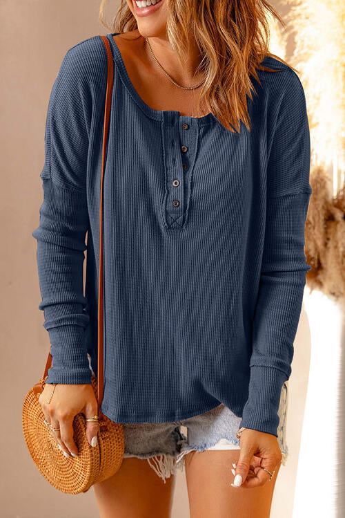 Waffle Knit Henley Long Sleeve Top - Create the impossible