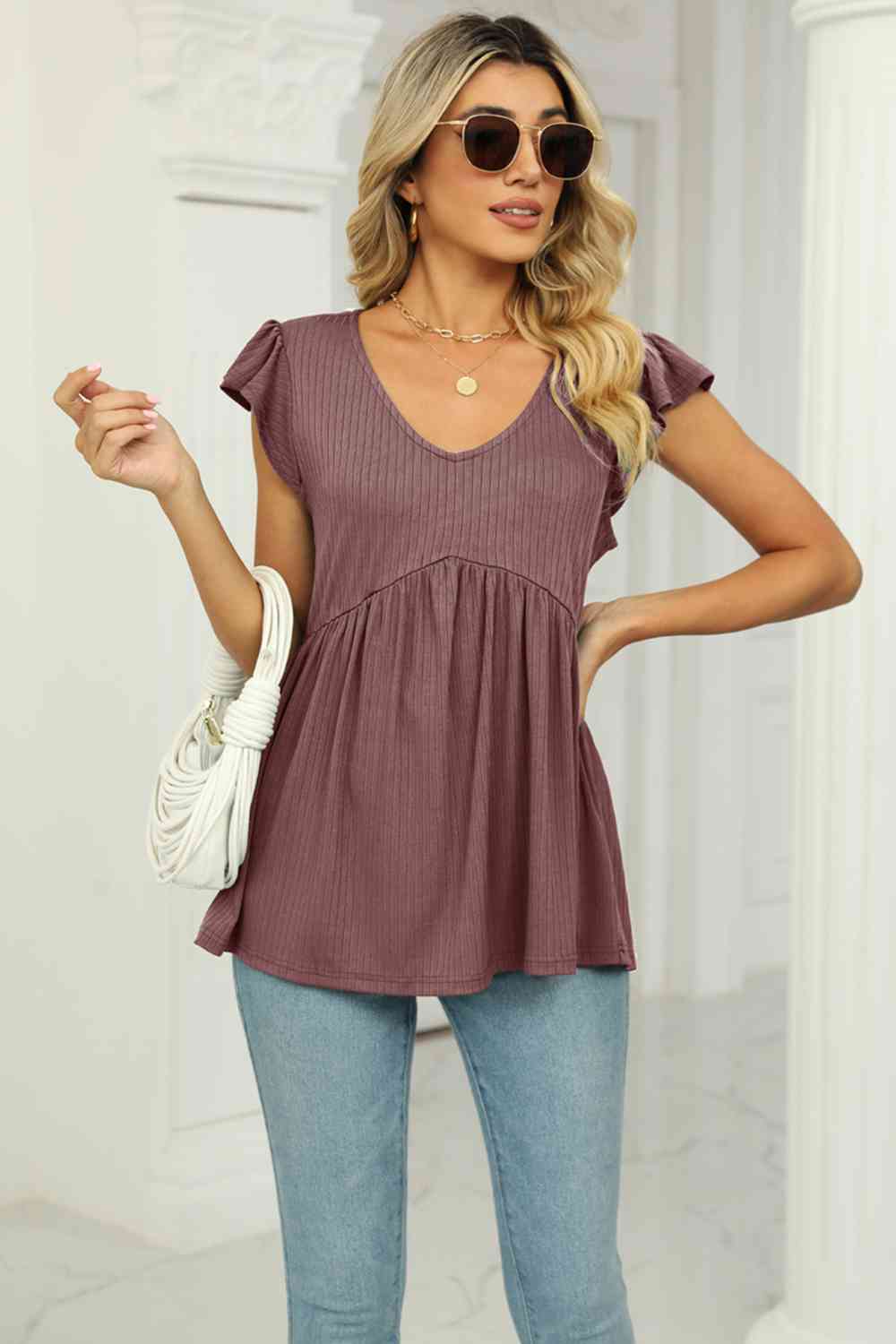 V-Neck Flutter Sleeve Babydoll Blouse - Create the impossible