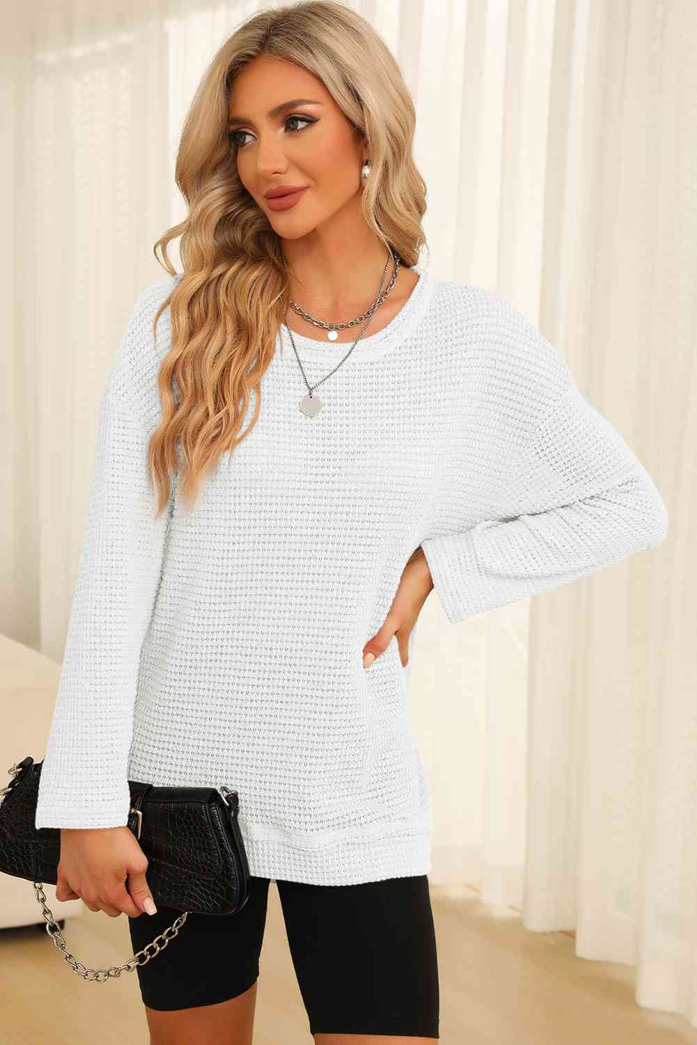 Waffle-Knit Round Neck Long Sleeve Sweatshirt - Create the impossible