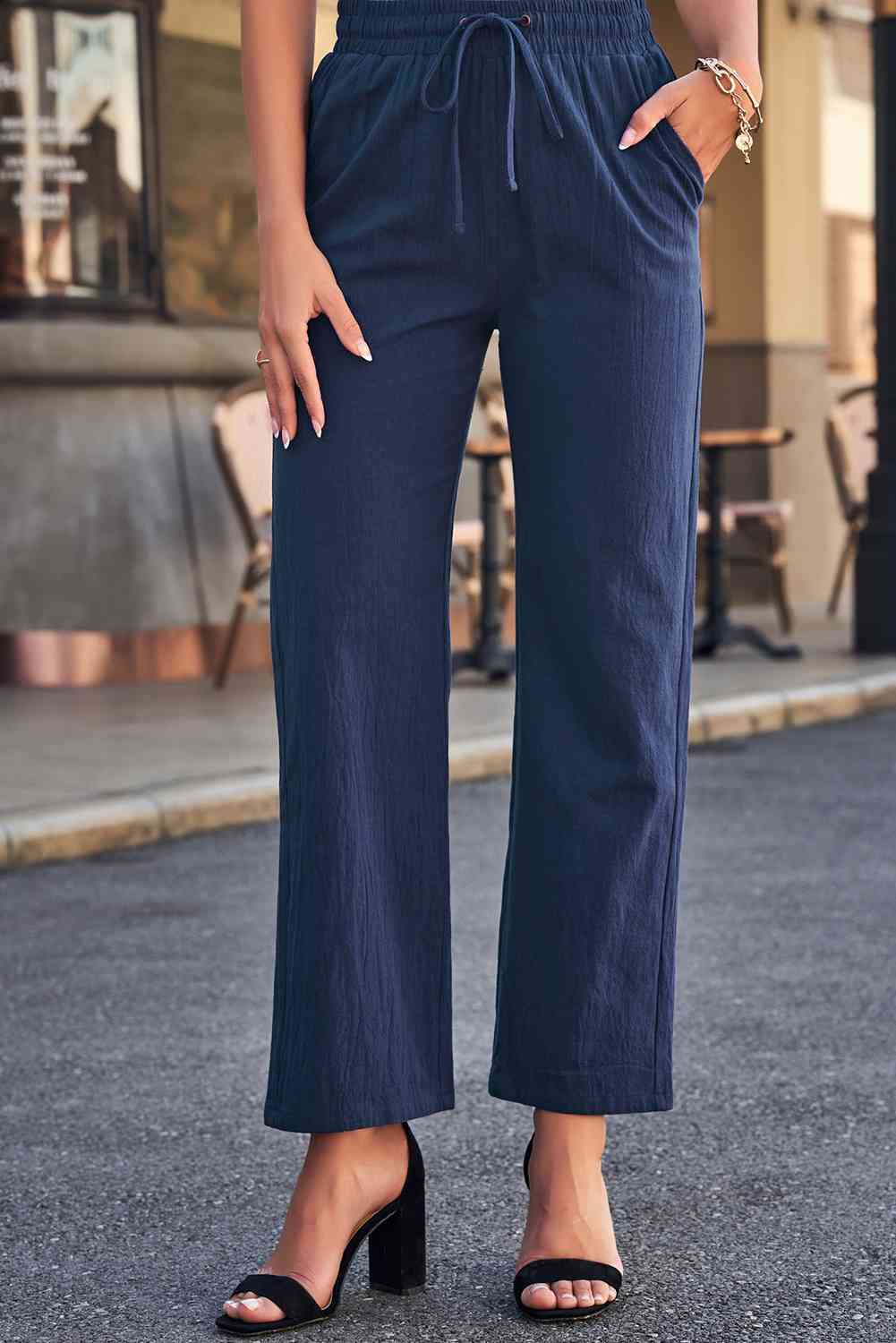 Drawstring Elastic Waist Pants with Pockets