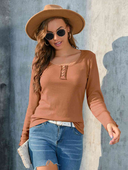 Buttoned Round Neck Long Sleeve T-Shirt