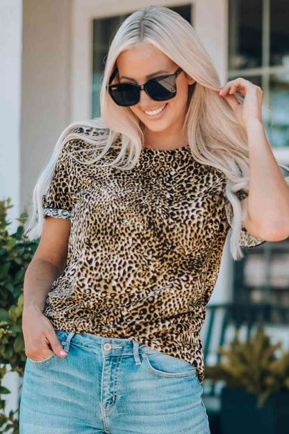 Women Leopard Short Flounce Sleeve Tee