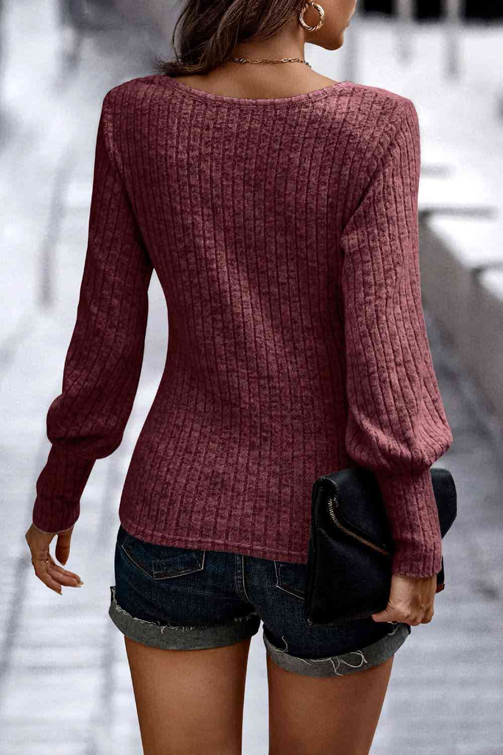 Ribbed Round Neck Lantern Sleeve Blouse - Create the impossible