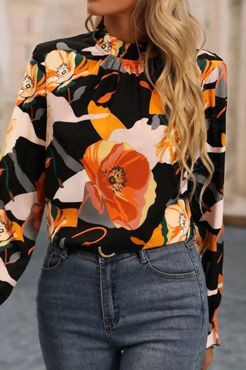 Floral Mock Neck Flounce Sleeve Blouse - Create the impossible