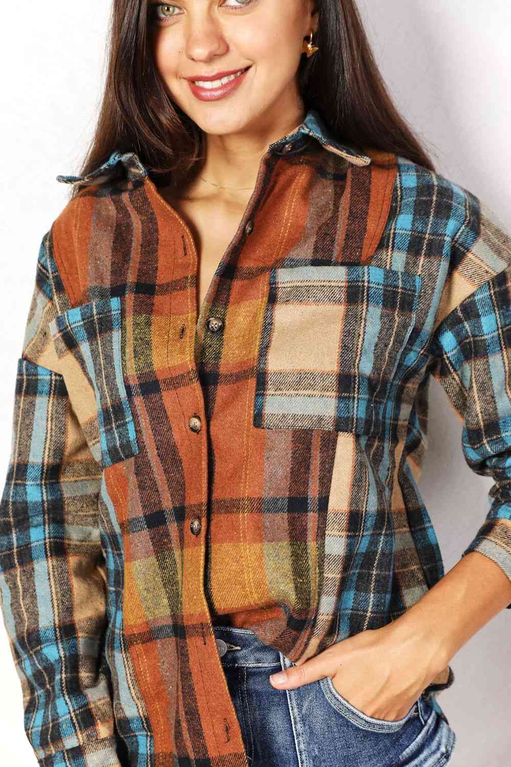 Double Take Plaid Curved Hem Shirt Jacket with Breast Pockets