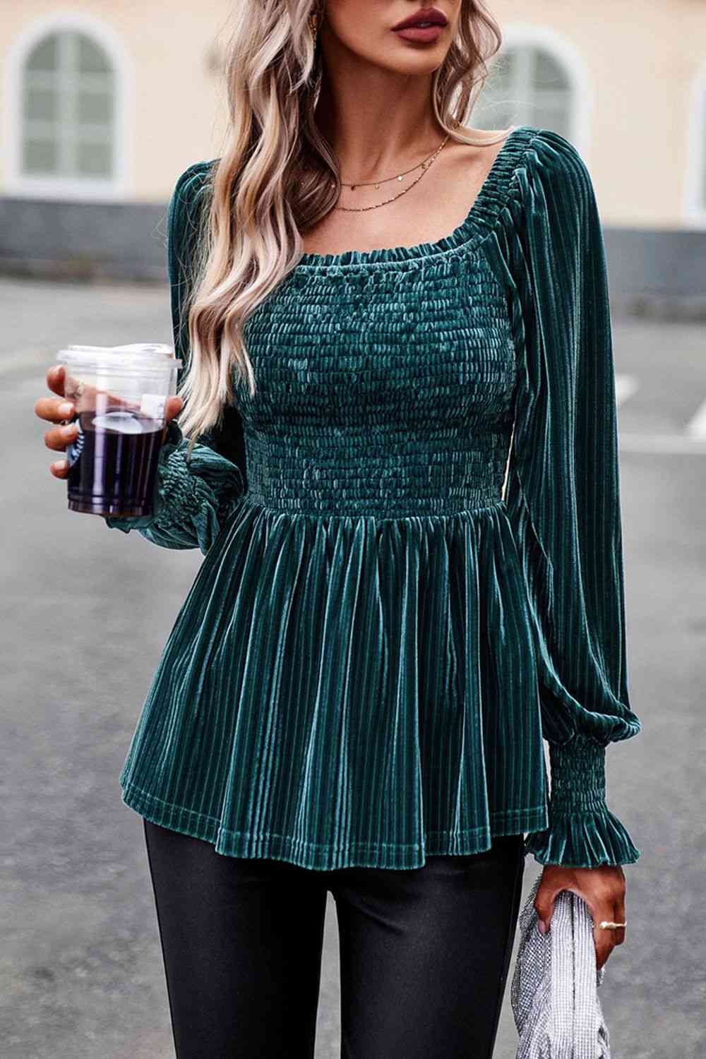 Smocked Square Neck Long Sleeve Blouse - Create the impossible