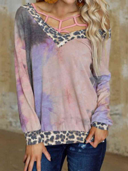 Plaid Leopard V-Neck Sweatshirt