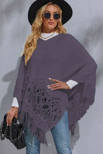 Round Neck Fringe Detail Poncho