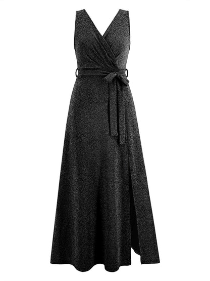 Slit Surplice Tie Waist Sleeveless Dress