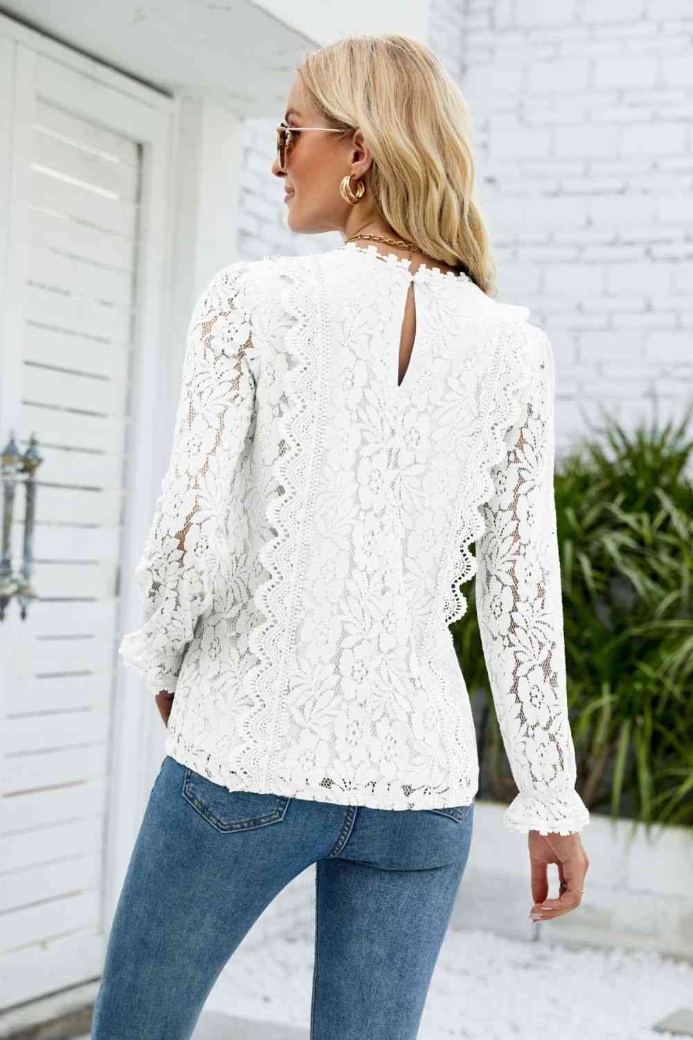 V-Neck Flounce Sleeve Lace Top