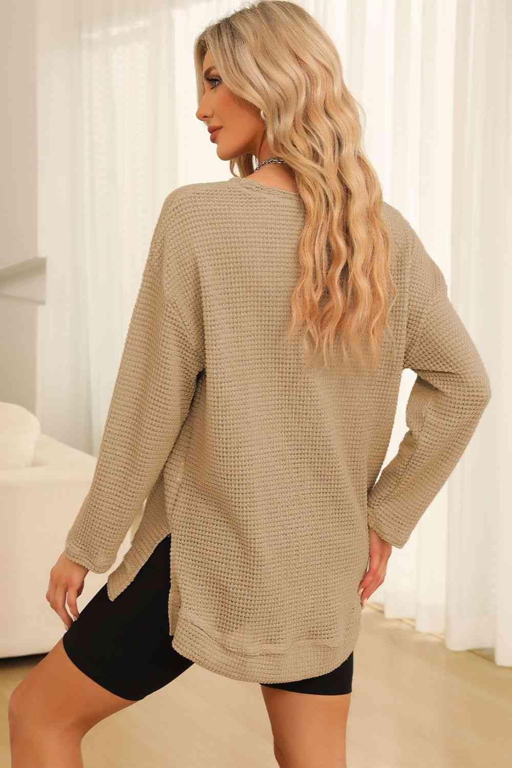 Waffle-Knit Round Neck Long Sleeve Sweatshirt - Create the impossible