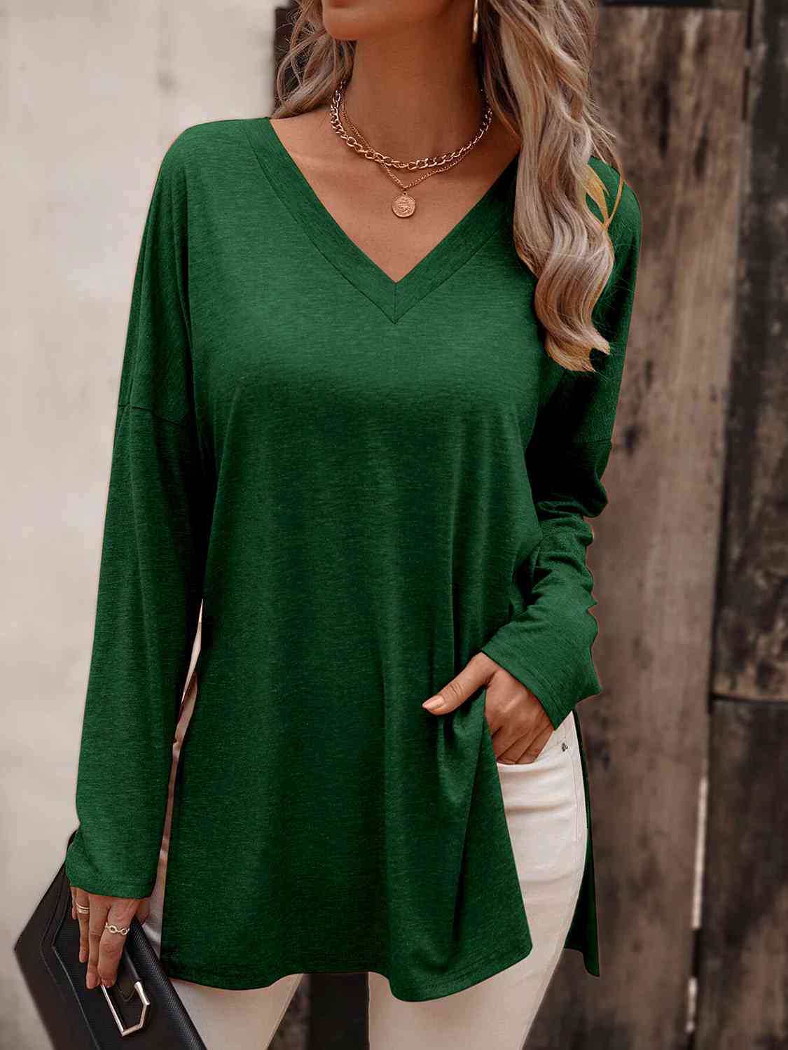 V-Neck Long Sleeve Slit Top