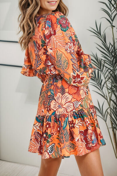 Tropical Print Tie Waist Lantern Sleeve Mini Dress