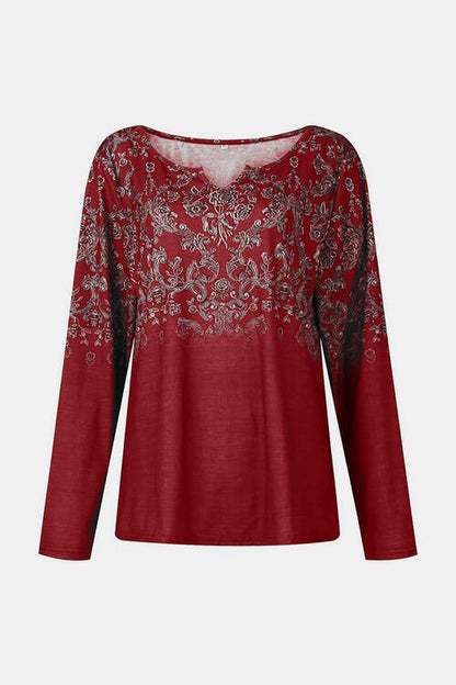 Printed Notched Long Sleeve T-Shirt