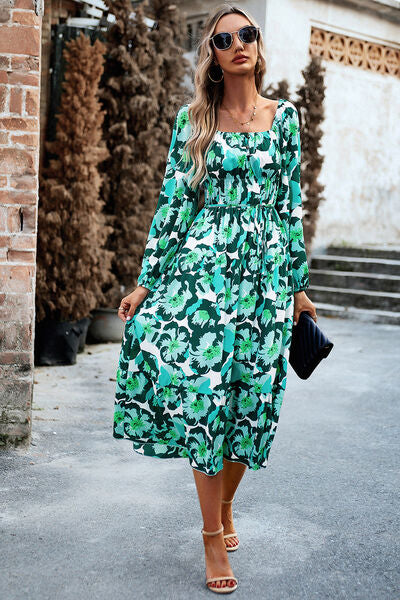 Printed Balloon Sleeve Pocketed Midi Dress