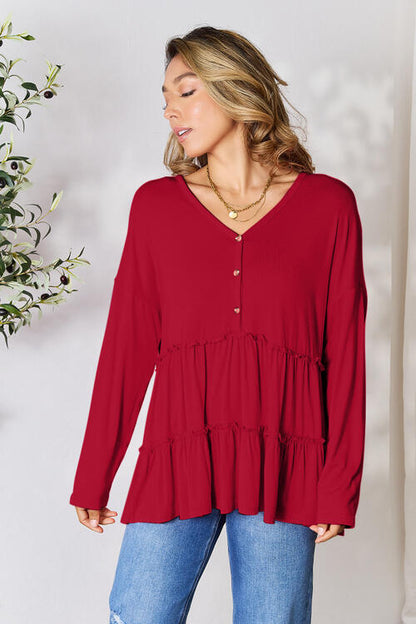 Double Take Half Button Long Sleeve Ruffle Hem Blouse - Create the impossible