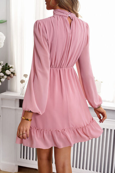 Frill Ruched Mock Neck Balloon Sleeve Dress