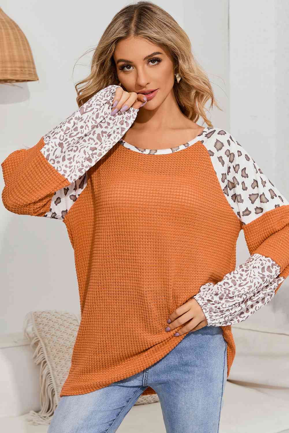 Leopard Waffle-Knit Long Sleeve Blouse - Create the impossible