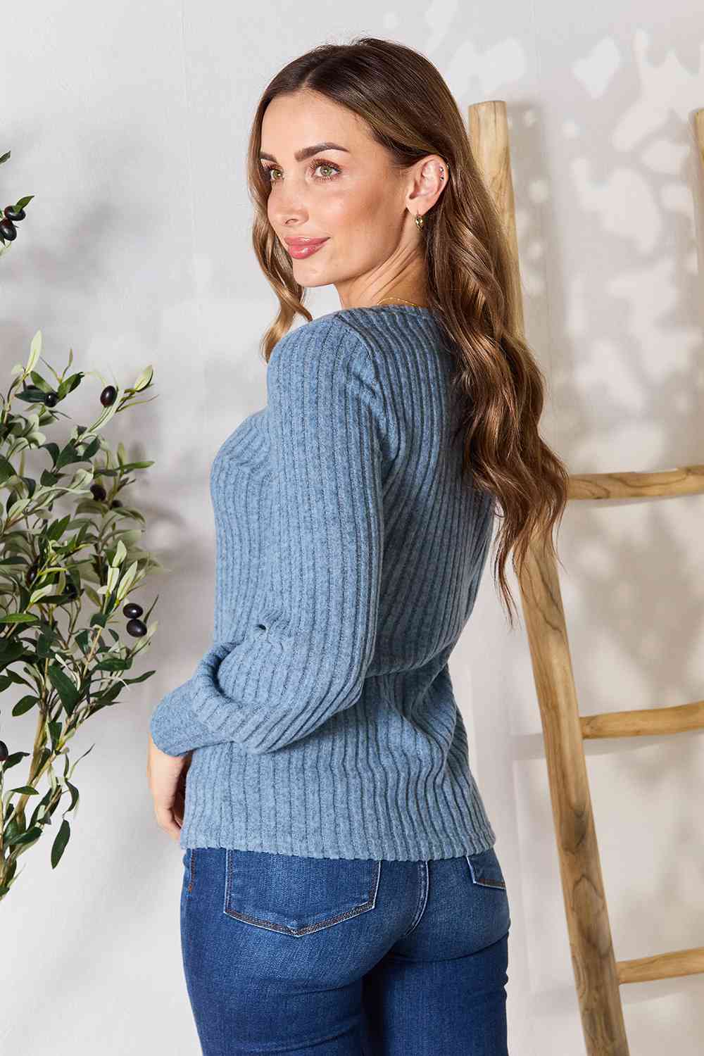 Double Take Ribbed Round Neck Lantern Sleeve Blouse - Create the impossible