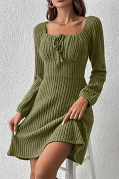 Ribbed Tied Square Neck Long Sleeve Mini Dress