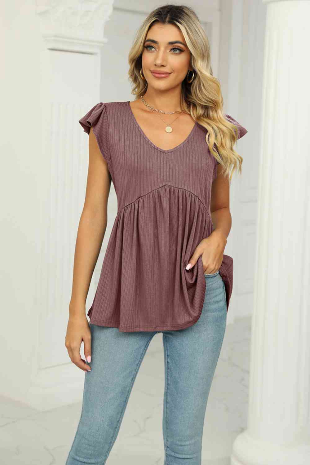 V-Neck Flutter Sleeve Babydoll Blouse - Create the impossible