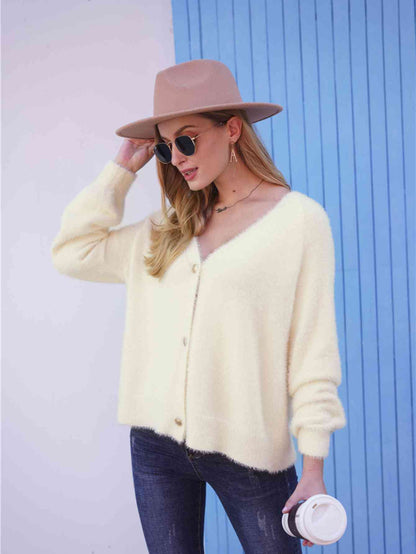 Double Take Fuzzy Long Sleeve Button Down Cardigan