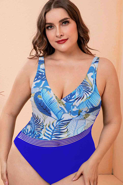 Full Size Two-Tone Plunge One-Piece Swimsuit