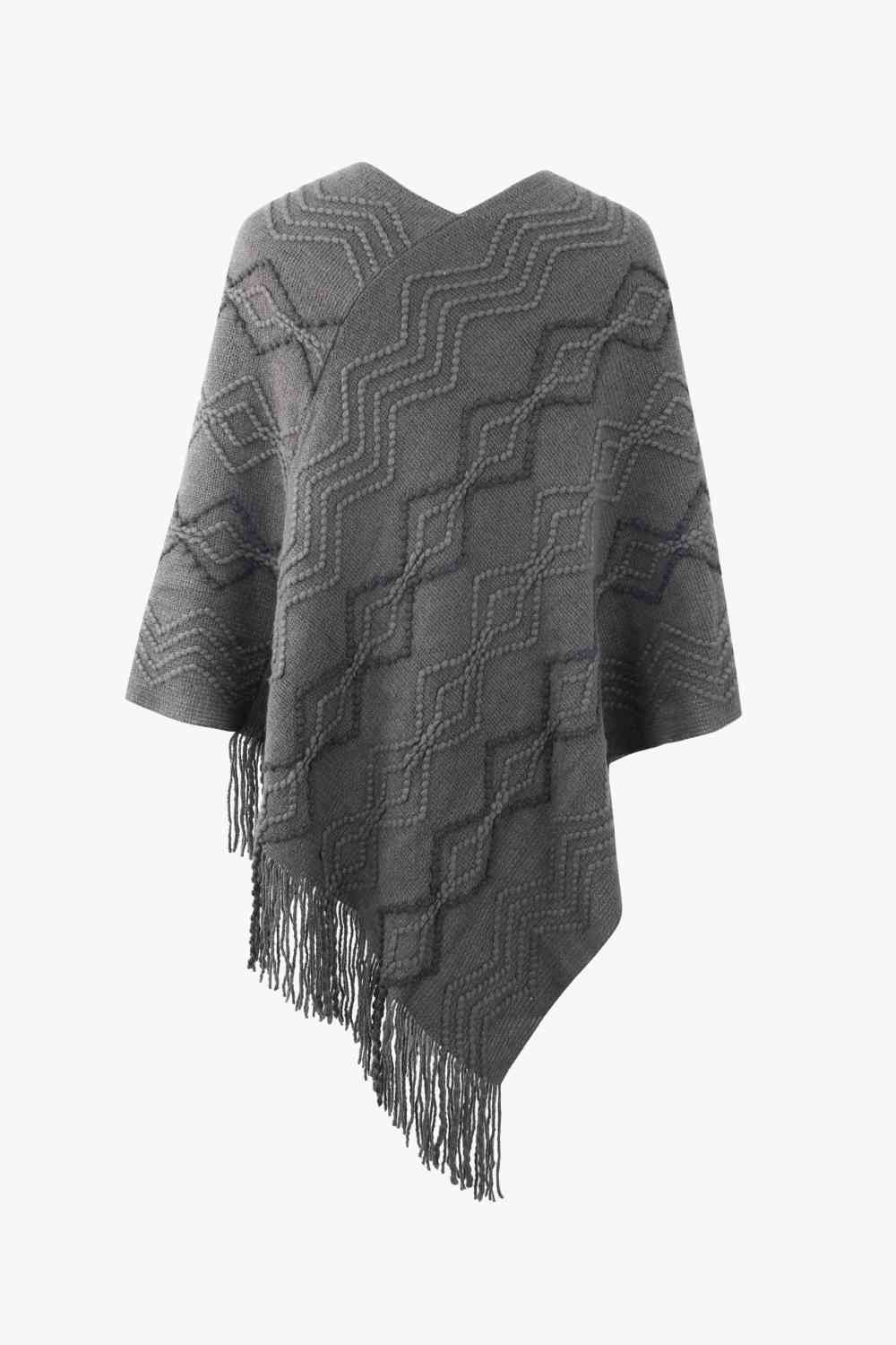 Pearl Trim V-Neck Fringe Hem Poncho