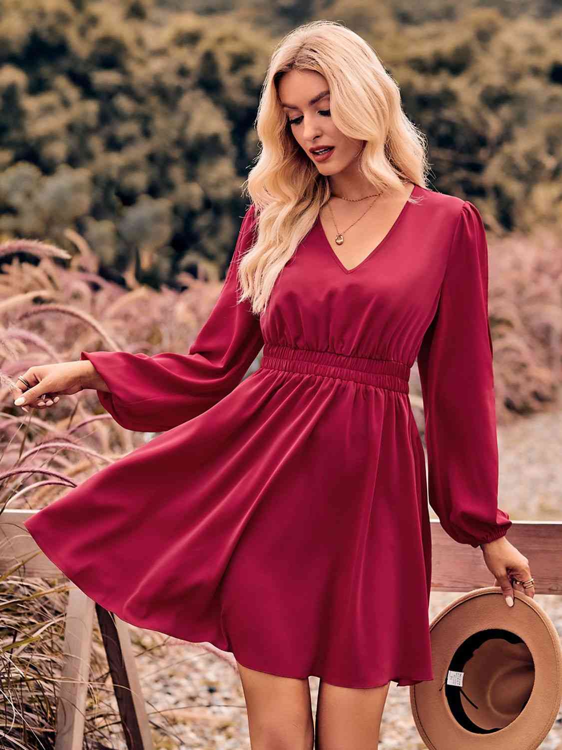 V-Neck Split Sleeve Mini Dress