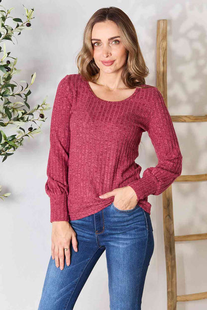 Double Take Ribbed Round Neck Lantern Sleeve Blouse - Create the impossible