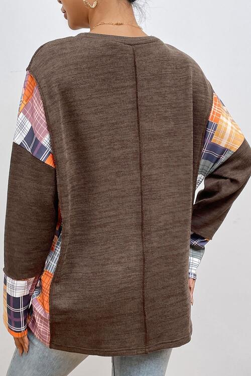 Plaid Exposed Seam Round Neck Sweatshirt