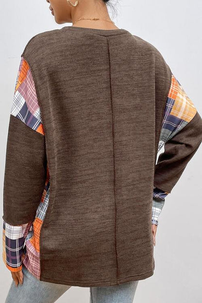 Plaid Exposed Seam Round Neck Sweatshirt