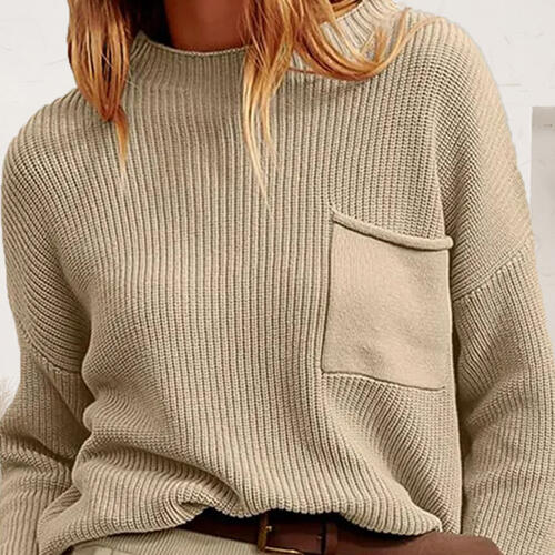 Ribbed Dropped Shoulder Sweater with Pocket