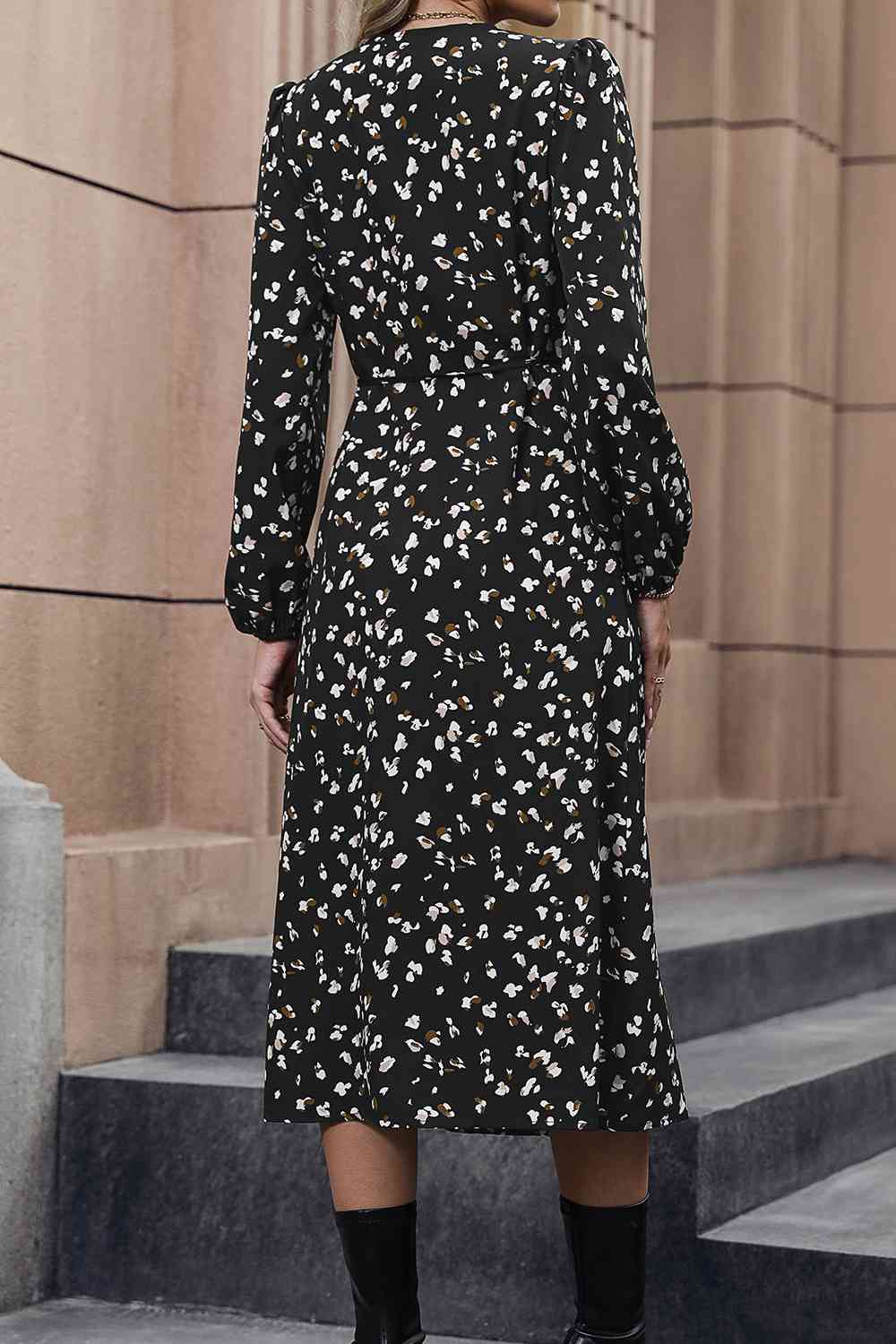 Printed Surplice Neck Long Sleeve Dress - Create the impossible