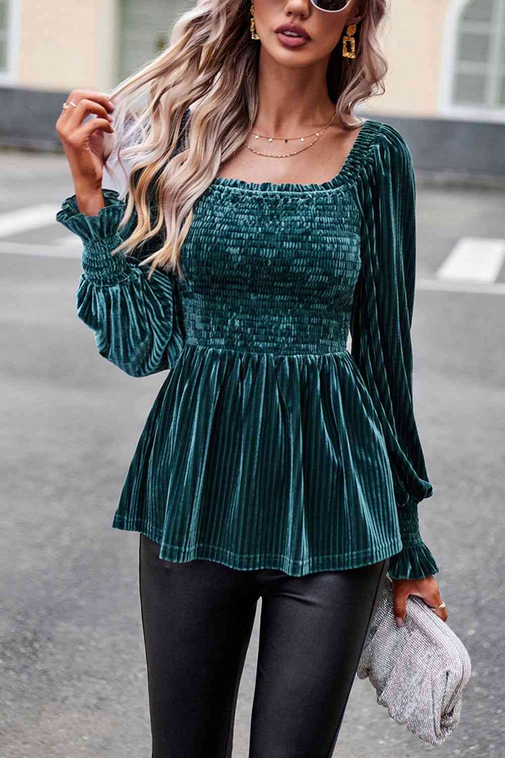 Smocked Square Neck Long Sleeve Blouse - Create the impossible