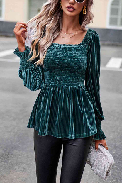 Smocked Square Neck Long Sleeve Blouse - Create the impossible