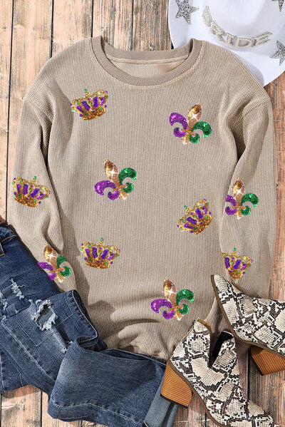 Mardi Gras Sequin Round Neck Dropped Shoulder Sweatshirt