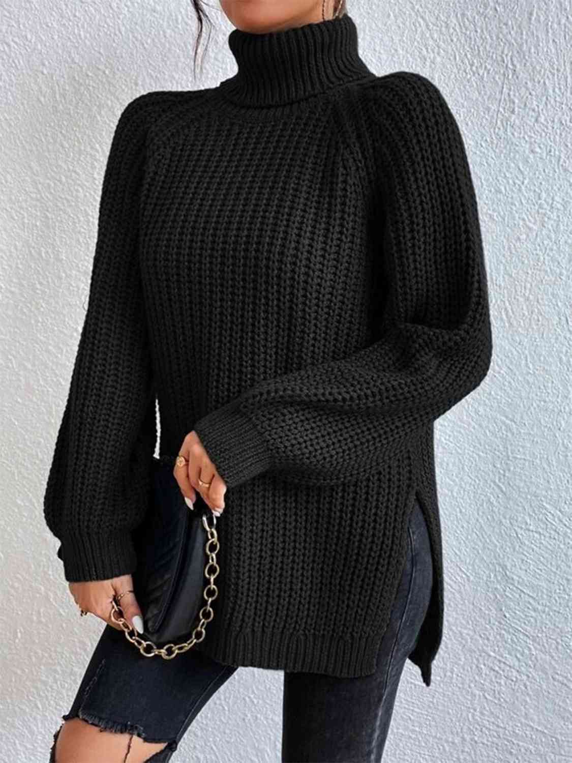 Full Size Turtleneck Rib-Knit Slit Sweater - Create the impossible