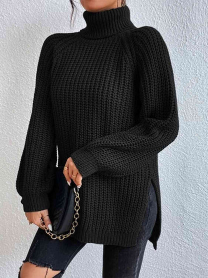 Full Size Turtleneck Rib-Knit Slit Sweater - Create the impossible