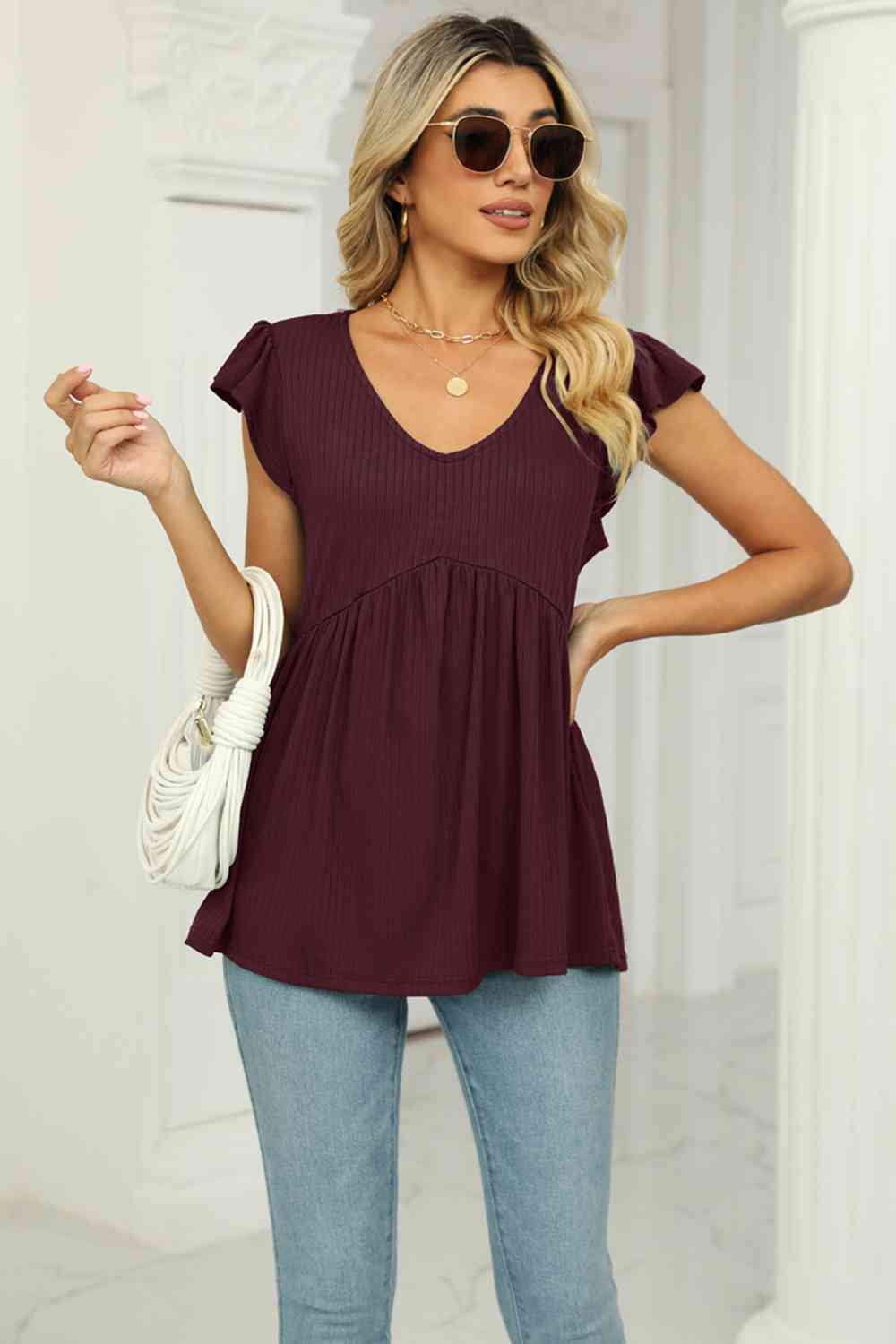 V-Neck Flutter Sleeve Babydoll Blouse - Create the impossible